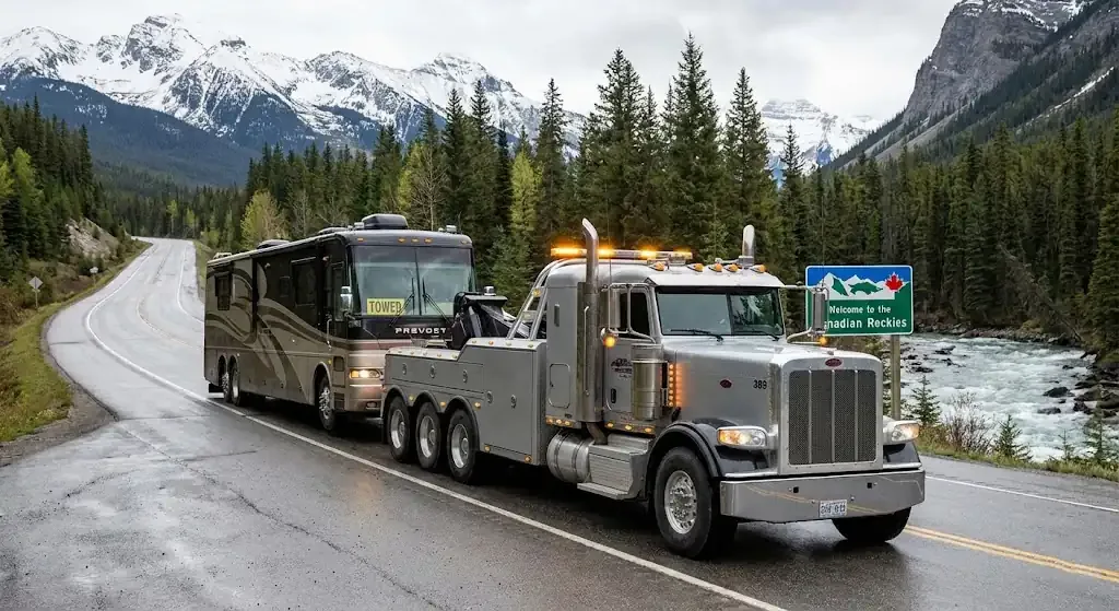 San Jose heavy-duty tow truck with RV in transport