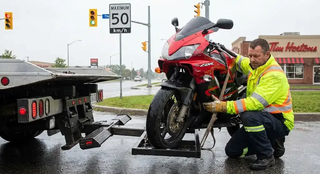 San Jose motorcycle being safely loaded for transport
